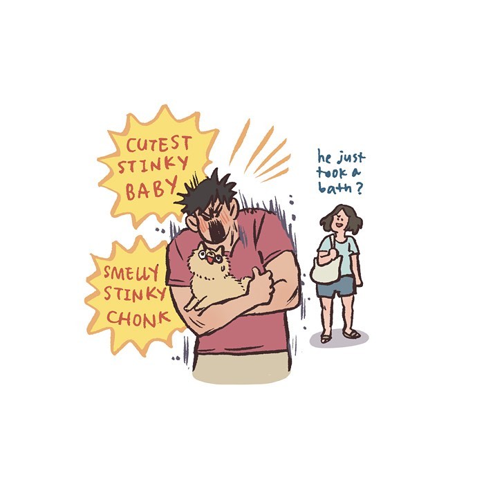 Malaysian artist cartoon shows tall geeky husband sniffing their relaxed sleeping pet in a relatable comic scene.