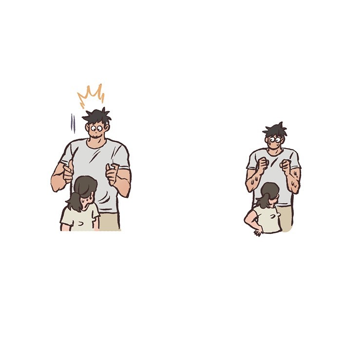 Malaysian artist cartoon shows tall geeky husband sniffing their relaxed sleeping pet in a relatable comic scene.