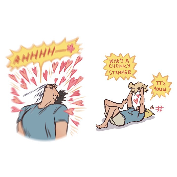 Malaysian artist cartoon shows tall geeky husband sniffing their relaxed sleeping pet in a relatable comic scene.