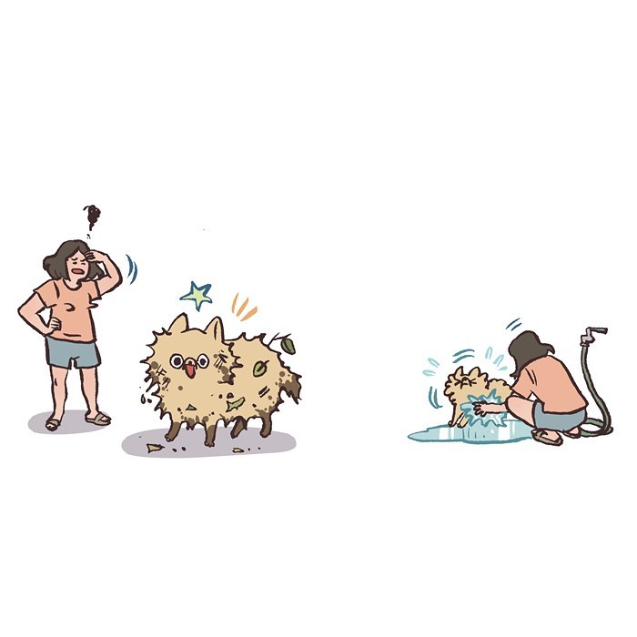 Malaysian artist cartoon shows tall geeky husband sniffing their relaxed sleeping pet in a relatable comic scene.