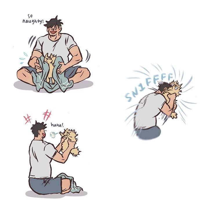 Malaysian artist cartoon shows tall geeky husband sniffing their relaxed sleeping pet in a relatable comic scene.