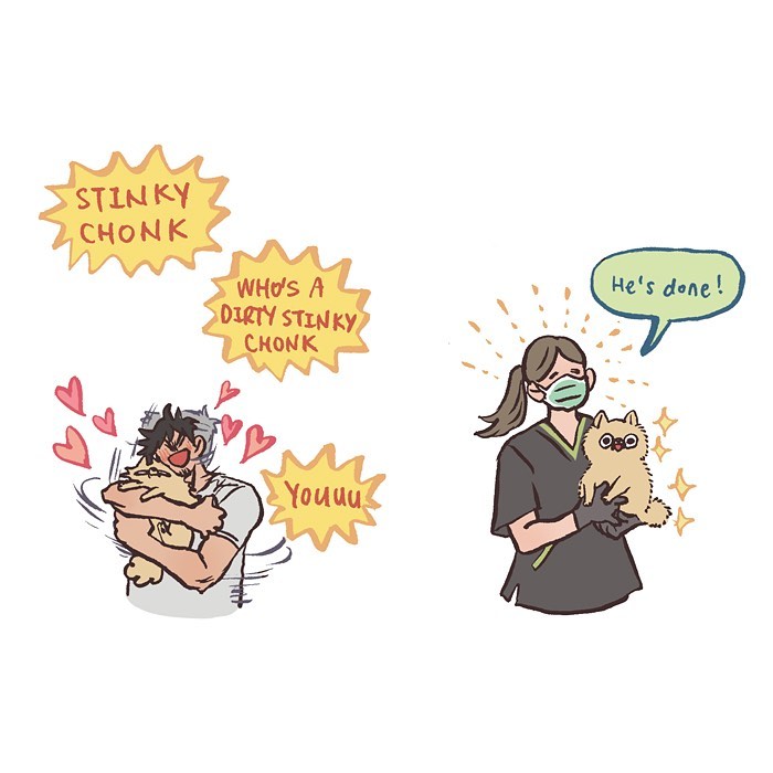 Malaysian artist cartoon shows tall geeky husband sniffing their relaxed sleeping pet in a relatable comic scene.