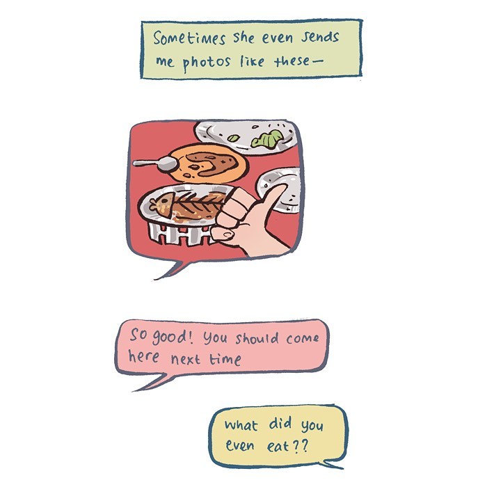 Malaysian artist’s relatable comic showing her reaction to her tall geeky husband’s food pictures while drawing at a desk.
