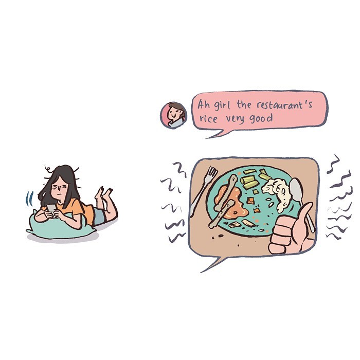 Malaysian artist’s relatable comic showing her reaction to her tall geeky husband’s food pictures while drawing at a desk.