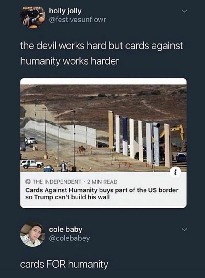 Tweet about Cards Against Humanity blocking US border wall construction, showcasing chaotic good actions in their own way.