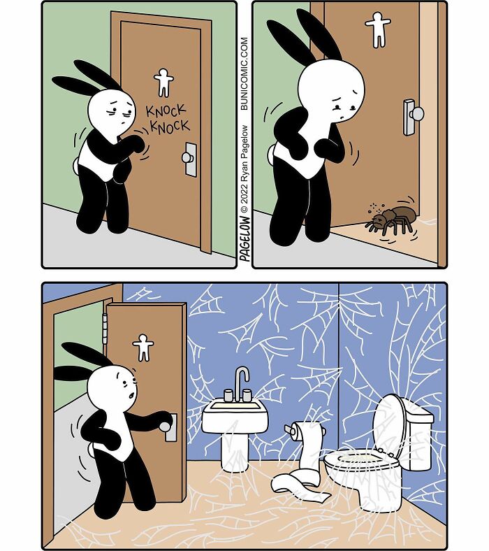 Buni comic featuring a character encountering a creepy spider and entering a spooky bathroom with cobwebs.