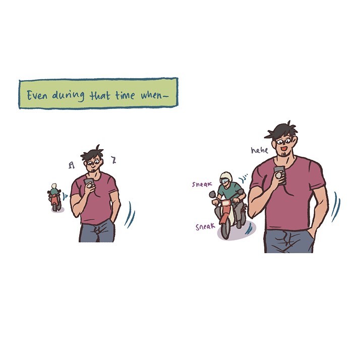 Malaysian artist cartoon showing her life with tall geeky husband, highlighting their playful and relatable contrasts.