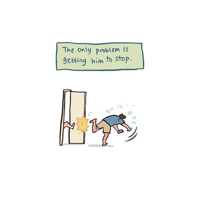 Malaysian artist cartoon showing a woman shyly kicking a pebble and two women chatting about conversation struggles.