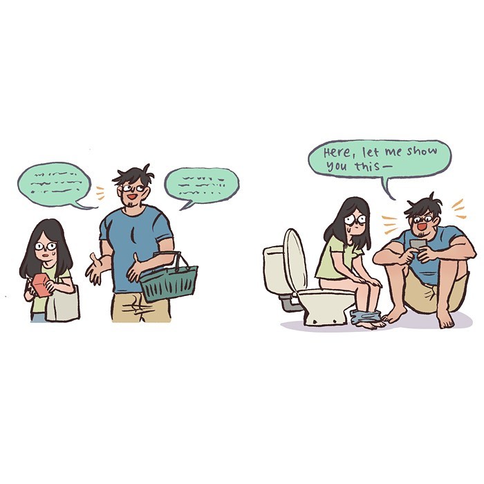 Malaysian artist cartoon showing a woman shyly kicking a pebble and two women chatting about conversation struggles.