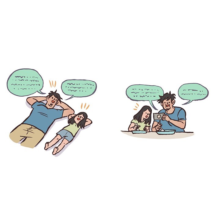 Malaysian artist cartoon showing a woman shyly kicking a pebble and two women chatting about conversation struggles.