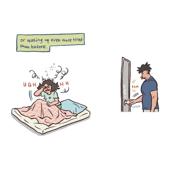 Illustration by Malaysian artist showing daily life with her tall, geeky husband, highlighting sleep habits and relatable moments.