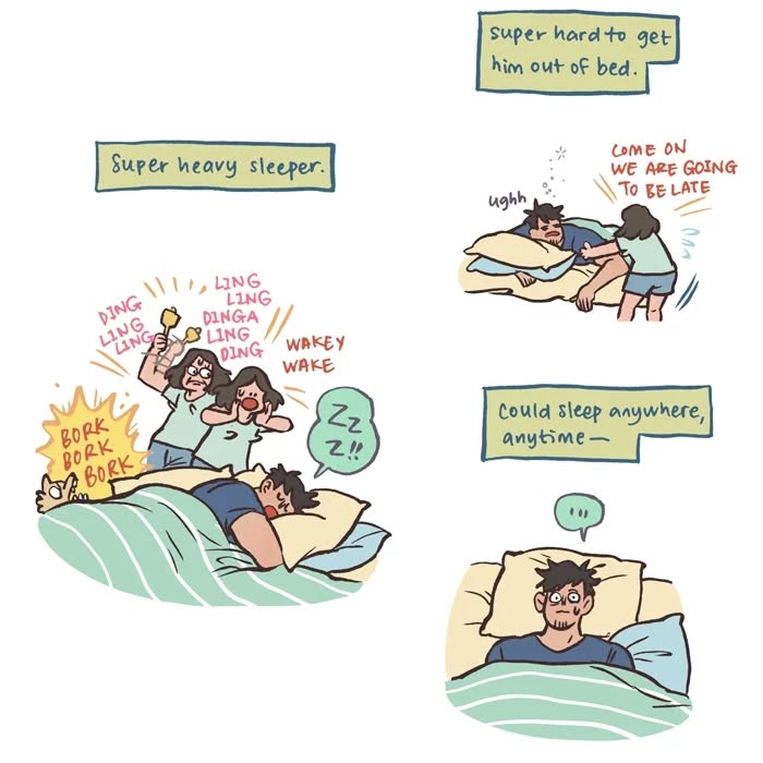 Illustration by Malaysian artist showing daily life with her tall, geeky husband, highlighting sleep habits and relatable moments.