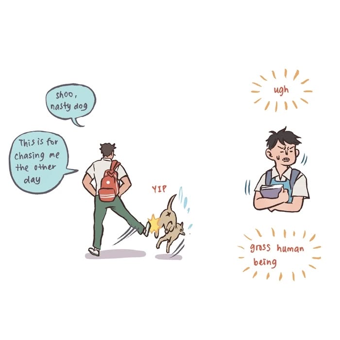 Cartoon by Malaysian artist showing a shy character asking about crushes and another excitedly responding, relatable comic style.