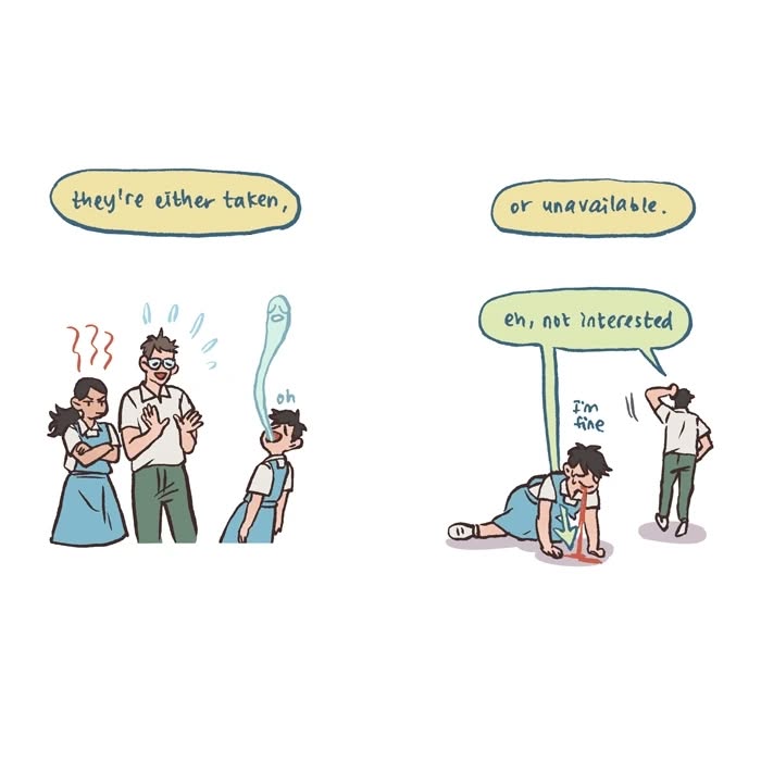 Cartoon by Malaysian artist showing a shy character asking about crushes and another excitedly responding, relatable comic style.