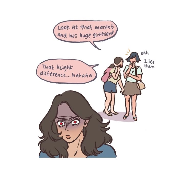 Malaysian artist’s relatable comic panel showing a woman nervously thinking about high heels for a date with her tall geeky husband.