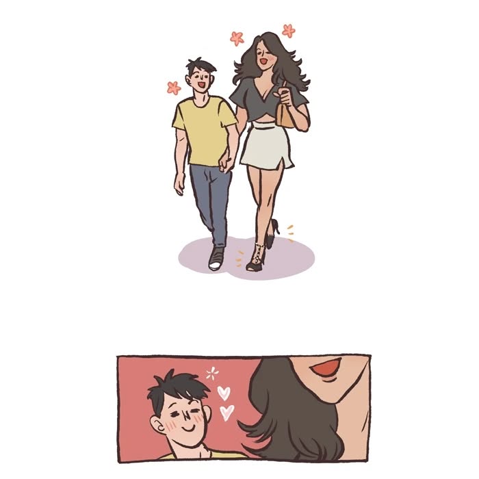 Malaysian artist’s relatable comic panel showing a woman nervously thinking about high heels for a date with her tall geeky husband.