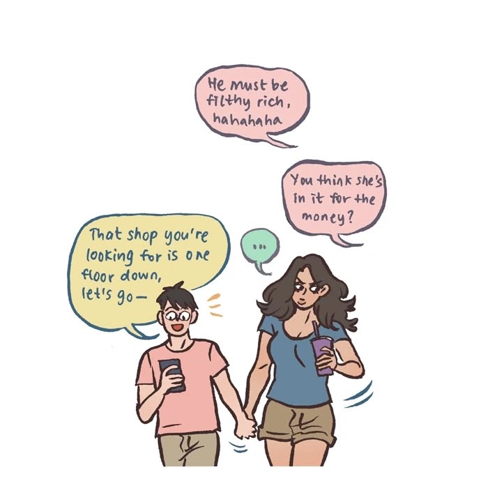 Malaysian artist’s relatable comic panel showing a woman nervously thinking about high heels for a date with her tall geeky husband.