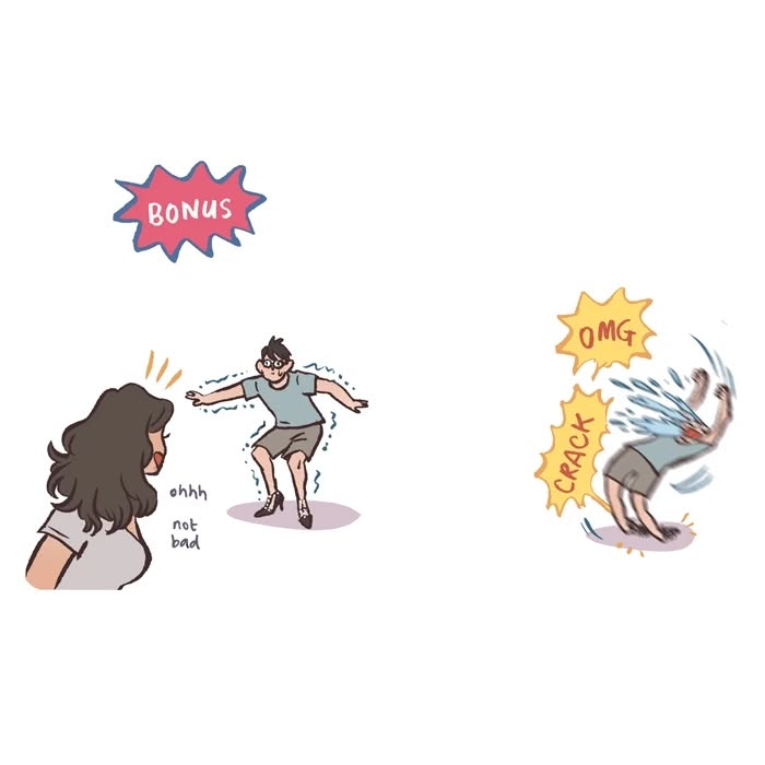 Malaysian artist’s relatable comic panel showing a woman nervously thinking about high heels for a date with her tall geeky husband.