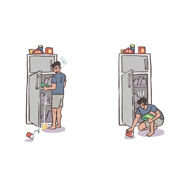 Malaysian artist cartoon of tall, geeky husband struggling to carry refrigerator door, relatable couple life humor.