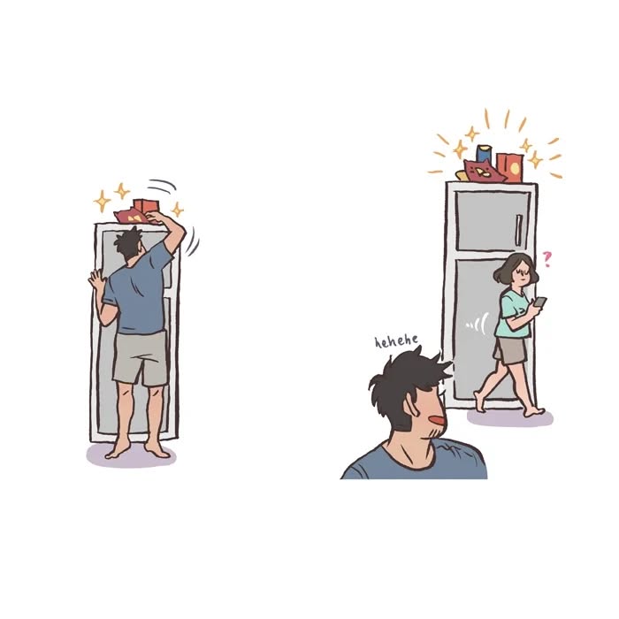 Malaysian artist cartoon of tall, geeky husband struggling to carry refrigerator door, relatable couple life humor.