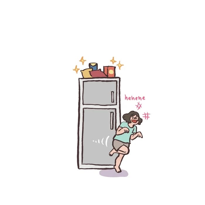 Malaysian artist cartoon of tall, geeky husband struggling to carry refrigerator door, relatable couple life humor.