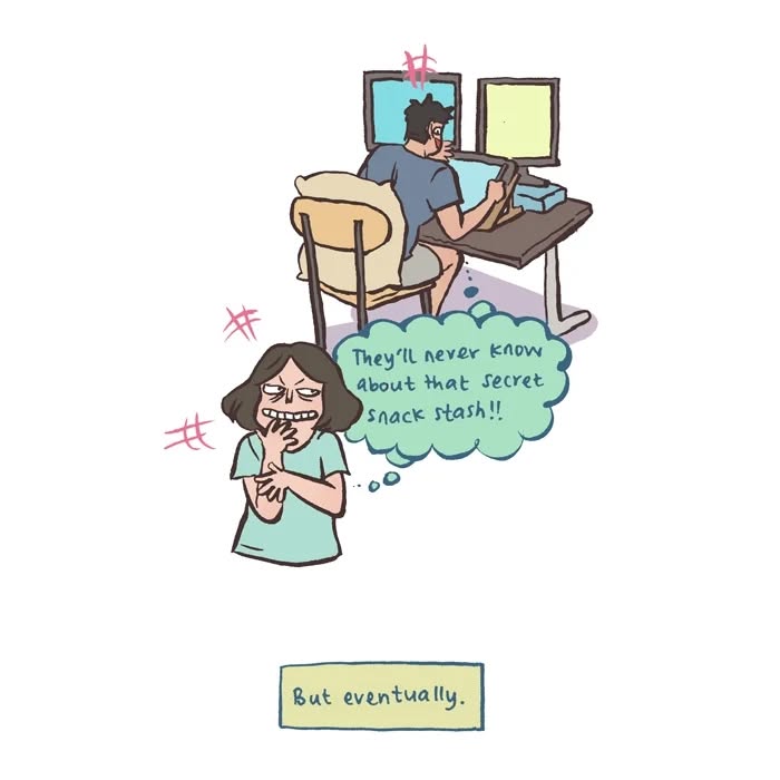 Malaysian artist cartoon of tall, geeky husband struggling to carry refrigerator door, relatable couple life humor.