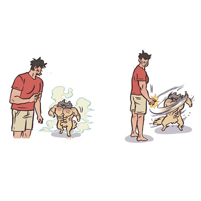 Illustration by Malaysian artist showing a fluffy dog sleeping and then alert with crinkle sounds, relatable life moments.