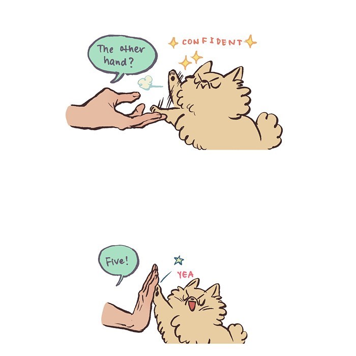 Illustration by Malaysian artist showing a fluffy dog sleeping and then alert with crinkle sounds, relatable life moments.