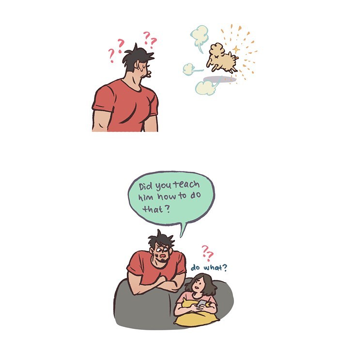 Illustration by Malaysian artist showing a fluffy dog sleeping and then alert with crinkle sounds, relatable life moments.