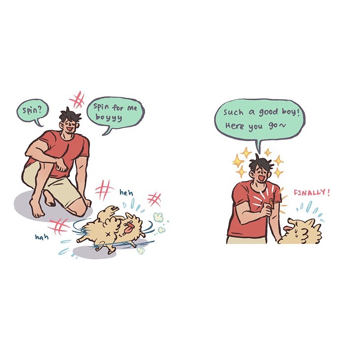 Illustration by Malaysian artist showing a fluffy dog sleeping and then alert with crinkle sounds, relatable life moments.