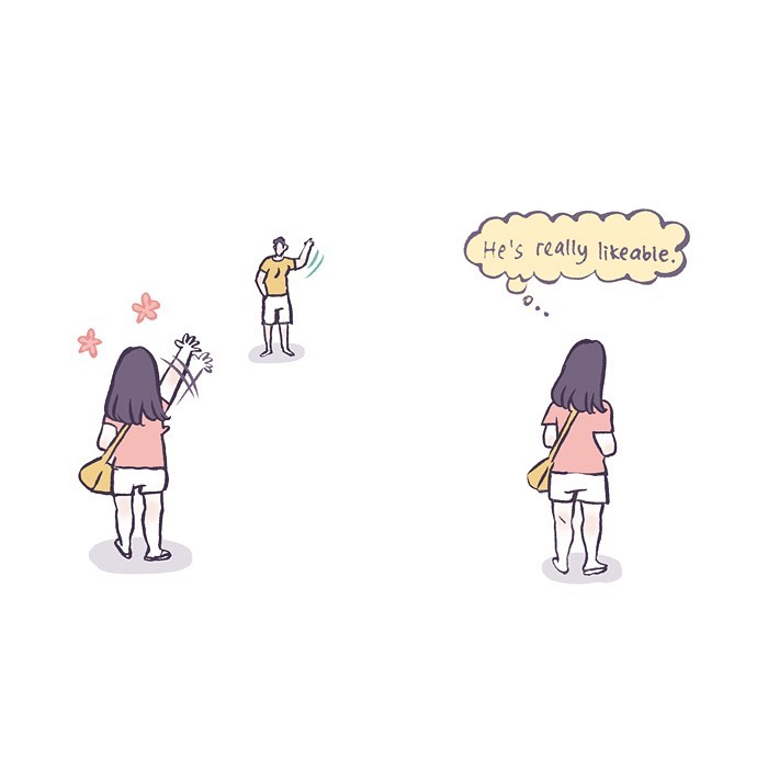 Malaysian artist cartoon showing a tall geeky husband and wife on a third date at a movie theater and dining together.