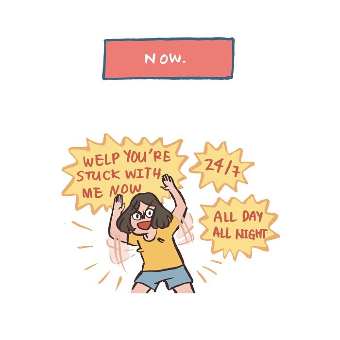 Malaysian artist cartoon showing a tall geeky husband and wife on a third date at a movie theater and dining together.