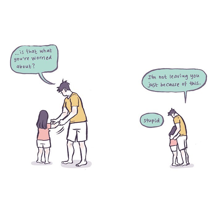 Malaysian artist cartoon showing a tall geeky husband and wife on a third date at a movie theater and dining together.