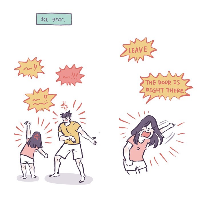 Malaysian artist cartoon showing a tall geeky husband and wife on a third date at a movie theater and dining together.