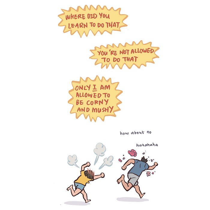 Malaysian artist cartoon showing a tall geeky husband and wife on a third date at a movie theater and dining together.