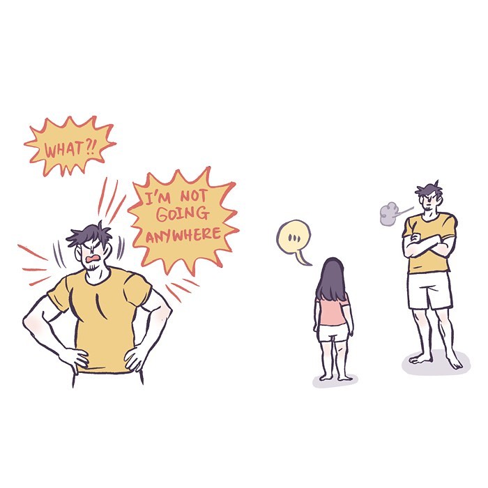 Malaysian artist cartoon showing a tall geeky husband and wife on a third date at a movie theater and dining together.