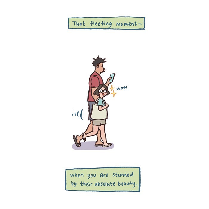 Malaysian artist’s comic shows her life with tall geeky husband holding hands, capturing relatable everyday moments.