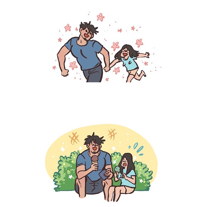 Illustration by Malaysian artist showing a couple sharing moments with tall, geeky husband and relatable daily life scenes.