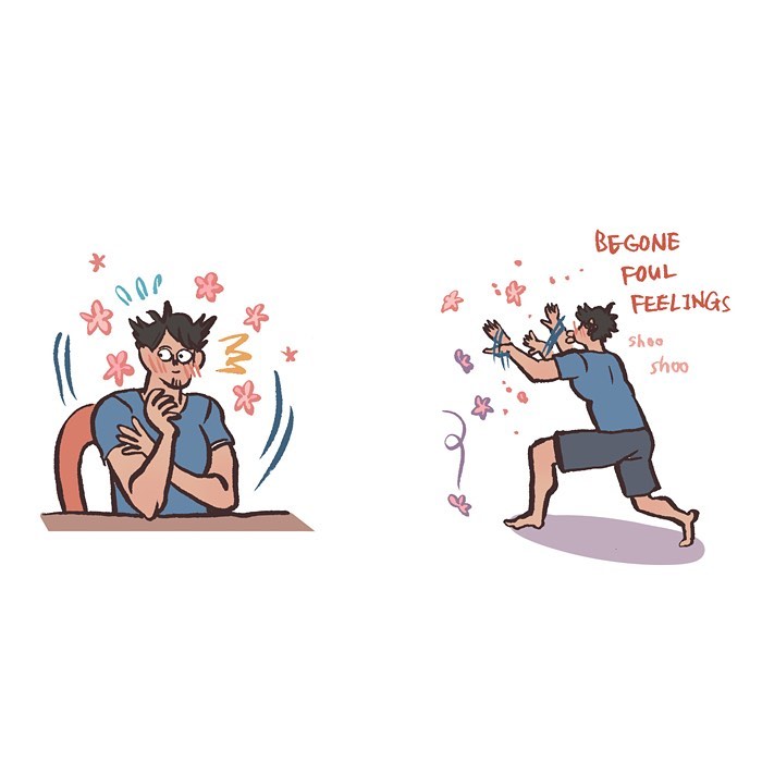 Illustration by Malaysian artist showing a couple sharing moments with tall, geeky husband and relatable daily life scenes.