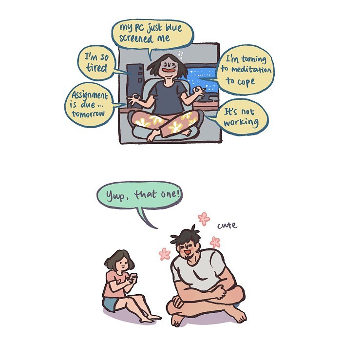 Illustration by Malaysian artist showing a couple sharing moments with tall, geeky husband and relatable daily life scenes.