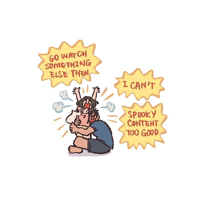 Malaysian artist’s comic showing her tall, geeky husband excited about October and Halloween month with spooky stuff.