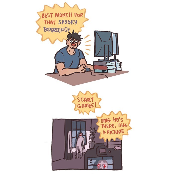 Malaysian artist’s comic showing her tall, geeky husband excited about October and Halloween month with spooky stuff.