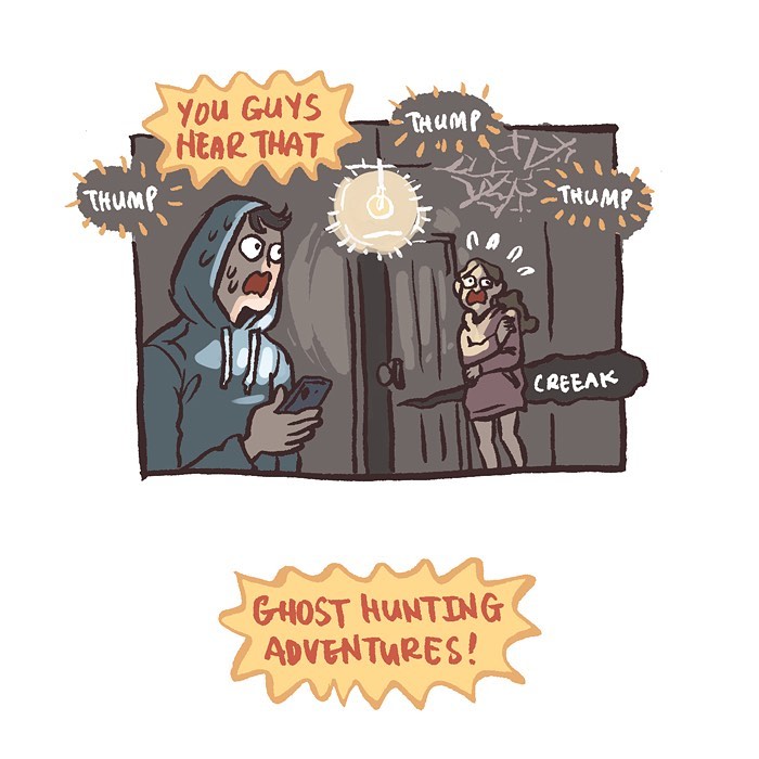 Malaysian artist’s comic showing her tall, geeky husband excited about October and Halloween month with spooky stuff.