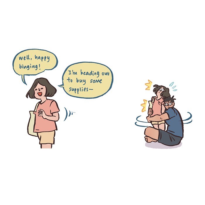 Malaysian artist’s comic showing her tall, geeky husband excited about October and Halloween month with spooky stuff.