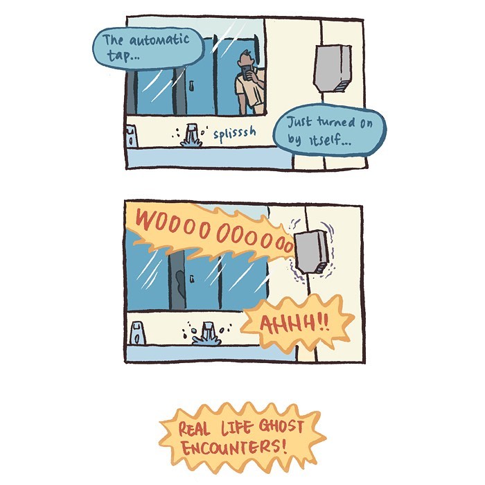 Malaysian artist’s comic showing her tall, geeky husband excited about October and Halloween month with spooky stuff.