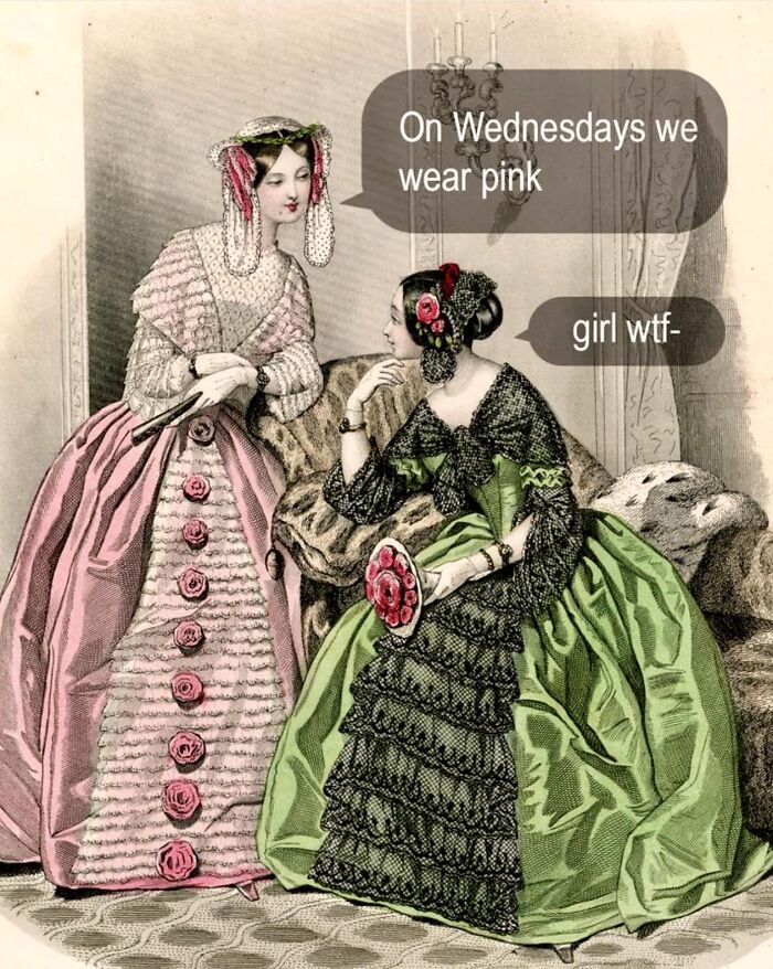 Victorian women in elaborate dresses with humorous captions, a classical painting cleverly captioned for funny memes.