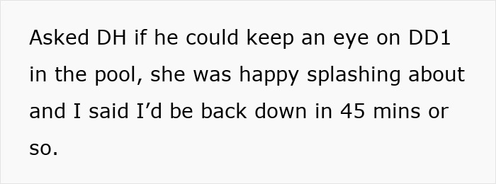 Text about a tired mom asking a let down, useless dad to watch their daughter at the pool briefly. Text about a tired mom asking a let down, useless dad to watch their daughter at the pool briefly.