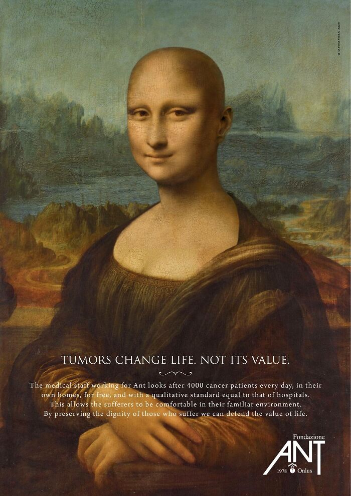 Mona Lisa in ads with a bald head, promoting cancer care and dignity in a thoughtful advertising campaign.
