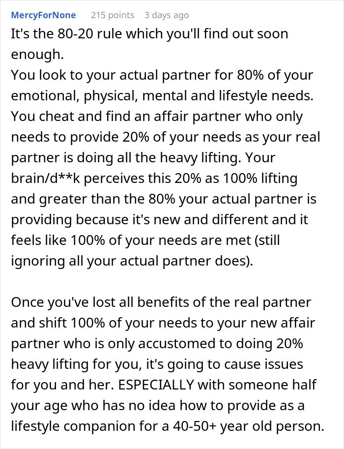 Comment explaining the 80-20 rule about emotional and lifestyle needs in relationships, relating to men leaving wives for younger women. Comment explaining the 80-20 rule about emotional and lifestyle needs in relationships, relating to men leaving wives for younger women.
