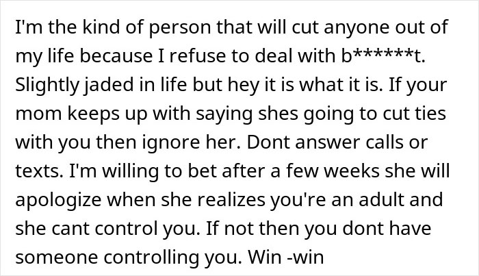 Text on a white background discussing cutting people out of life and dealing with controlling moms, reflecting themes of reconciliation struggles.